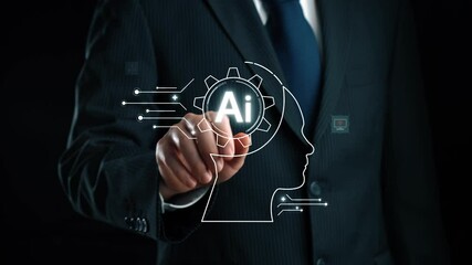 Poster - human interact with ai artificial intelligence brain processor in concept of ai artificial intellige