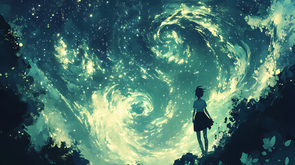 Wall Mural - a vast cosmic chasm with swirling galaxies emerging from the darkness, illustrating the inception of