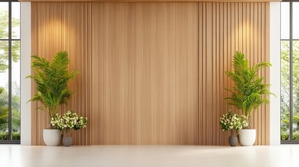 Poster - Modern interior with textured wall and potted plants creating a serene atmosphere.