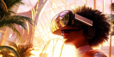 Poster - Person immersed in virtual reality wearing headset in a bright and tech-forward space. Futuristic architecture enhances experience. Concept of technology, innovation, entertainment