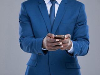 Aufkleber - Typing, phone and hands of business man in studio for communication, b2b networking and chat. Professional, corporate and person on smartphone for internet, website and research on gray background