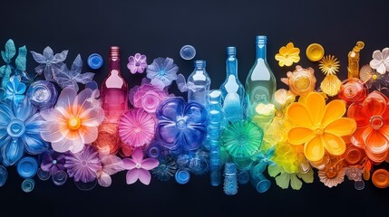 Poster - Colorful floral designs intertwined with bottles create a vibrant, artistic composition on a dark background.