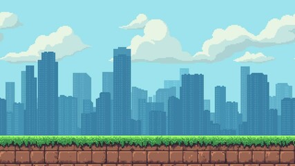 Aufkleber - 8-bit pixel art game level background. silhouette city skyline. side scrolling game. blue sky with clouds. simple game map template. 2D retro video game style. pixelated video animation.