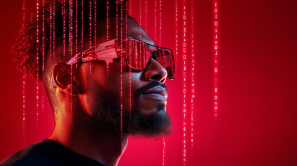 Fototapete - Man looking confidently with futuristic sunglasses on in front of a dynamic red backdrop featuring flowing binary code. Concept of technology, innovation, digital media, cyber