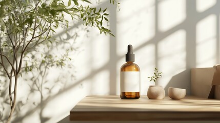 Poster - Sunlight filters through leaves onto a glass bottle with dropper placed on a wooden table in a serene indoor setting