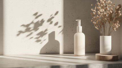Poster - Elegant arrangement of a lotion bottle and dried flowers showcasing minimalist design in soft natural light