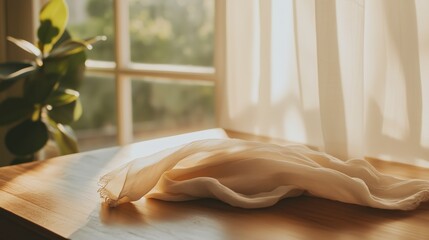 Poster - soft fabric drapes elegantly on a wooden table beside a sunlit window with greenery in the backgroun