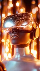 Poster - Woman with glowing skin wearing virtual reality headset. Surrounded by colorful bright lights. Concept of futuristic technology, entertainment industry, virtual reality experiences