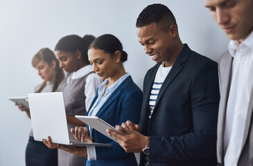 Aufkleber - Technology, applicant or business people waiting for opportunity, hiring app or job interview in office. Sign up, phone or candidate on tablet in corporate for employment recruitment registration