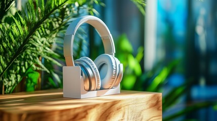 Poster - Elegant lightweight headphones displayed in a bright, green indoor setting with natural light shining through