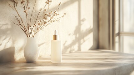 Poster - soft sunlight illuminates a minimalist setup with a dropper bottle and dried flowers in a serene ind