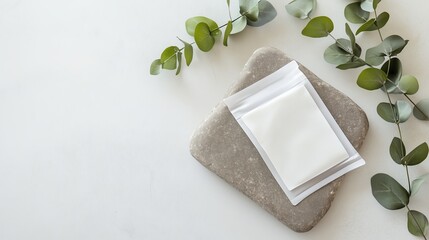Poster - simple packaging on a stone surface with eucalyptus branches nearby in a modern setting