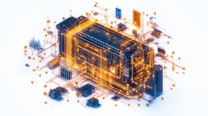 Poster - 3D illustration of a futuristic circuit board design with glowing elements and intricate details.