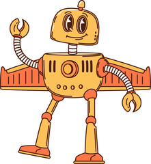 Leinwandbilder - Cartoon groovy robot or droid character with wings, vector retro transformer. Groovy robot with funny face and mechanical arms, retro robotic cyborg bot character with buttons and plane wings