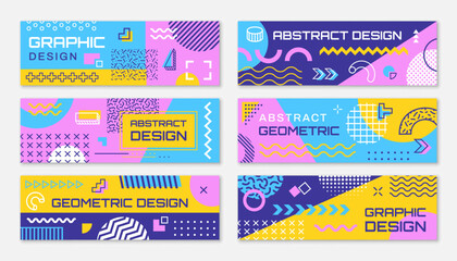 Aufkleber - Modern banners with abstract geometric memphis shapes pattern. Vector horizontal banners with trendy line art graphic shapes background. Color circles, squares and triangles memphis patterns set
