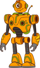 Poster - Cartoon funny groovy robot or droid character and robotic transformer, vector personage. Groovy robot cartoon character with funny face and one eye, comic retro android or futuristic space cyborg bot