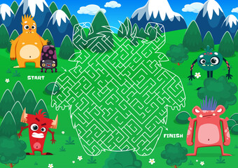 Aufkleber - Labyrinth maze game with funny cartoon monster characters. Vector worksheet shaped like a large monster, challenges players to find the correct path from start to finish navigating through obstacles