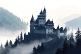 Historic Romanian castle perched atop misty forest landscape creates an enchanting atmosphere