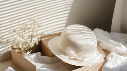 Poster - soft sunlight creates shadows on a white hat and dried flowers in a cozy bedroom setting