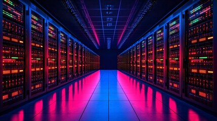 Poster - Futuristic data center with illuminated servers creating a vibrant corridor effect.