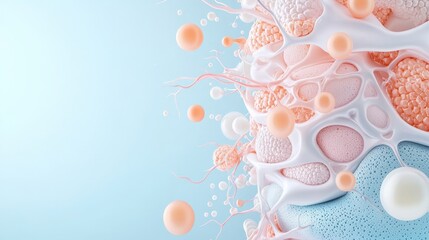 Poster - Abstract illustration of cells and particles on a soft blue background, depicting biological processes and structures.