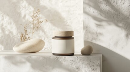 Poster - natural skincare product displayed elegantly with stones and dried flowers in a minimalist setting d