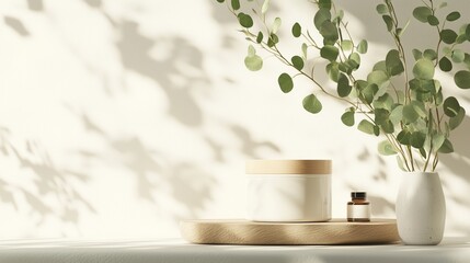 Poster - decorative arrangement featuring a vase, eucalyptus leaves, and minimalist decor in a bright, sunlit