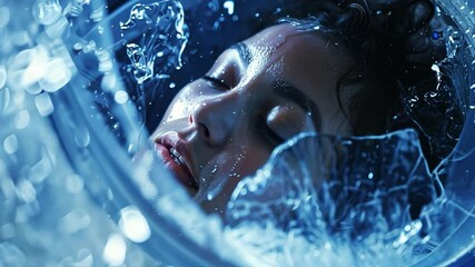 Poster - This person in cryogenic suspension, surrounded by glistening droplets, symbolizes biotech's future.