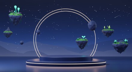 mystical floating islands podium with glowing celestial backdrop for product display