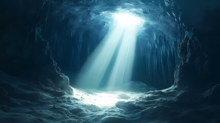 a dazzling light descends into the abyss, revealing unseen wonders beneath the surface. unseen abyss