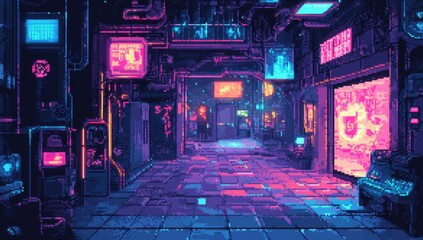 Wall Mural - neon-lit alleyway, pixelated, cyberpunk style. detailed pixel art of a futuristic, dimly lit alleywa