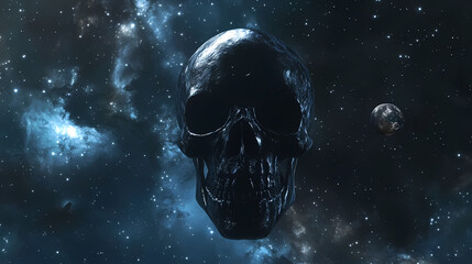 Wall Mural - A black skull floating in a void of stars with a hint of a distant planet in the background, black skull, vast, distance. Distant Nothingness. Illustration