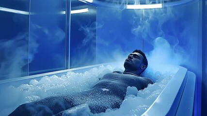 Poster - This human lies in a sleek, icy chamber showcasing advanced cryogenic preservation tech.