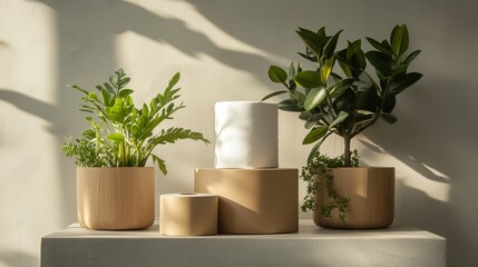Poster - Indoor plants displayed in modern pots on a minimalistic shelf with natural light illuminating the scene