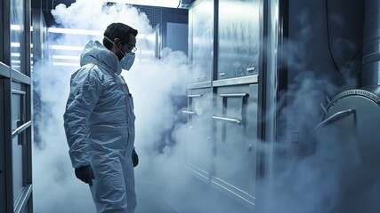 Poster - This person in protective gear navigates through a mist-filled biotech lab dedicated to cryonics.