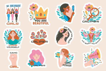 Aufkleber - Feminism stickers set in flat design. Collection labels with diversity women, crown, flowers and text messages with female support, girl power, self love, uterus symbol and other. Vector illustration.