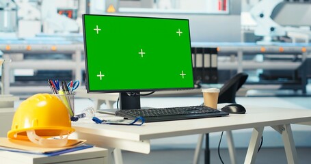 Poster - chroma key pc in empty solar panel manufacturing plant used for developing new solar energy systems 