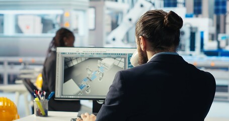 Poster - engineer in photovoltaics factory drinks coffee at pc and diagnoses malfunctioning systems. man enjo