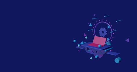 Poster - Pink notebook symbol on a pedestal of abstract geometric shapes floating in the air. Abstract concept art with flying shapes on the right. 3d illustration on indigo background