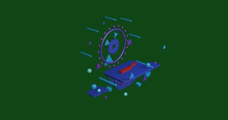 Poster - Red pan symbol on a pedestal of abstract geometric shapes floating in the air. Abstract concept art with flying shapes in the center. 3d illustration on green background
