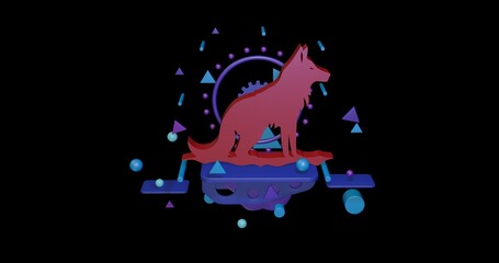 Poster - Red wild wolf symbol on a pedestal of abstract geometric shapes floating in the air. Abstract concept art with flying shapes in the center. 3d illustration on black background