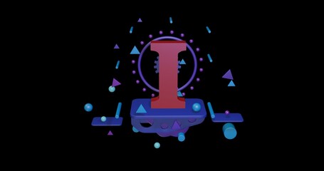 Poster - Red capital letter I symbol on a pedestal of abstract geometric shapes floating in the air. Abstract concept art with flying shapes in the center. 3d illustration on black background