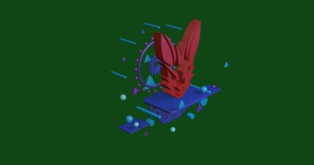 Poster - Red hare's head symbol on a pedestal of abstract geometric shapes floating in the air. Abstract concept art with flying shapes in the center. 3d illustration on green background