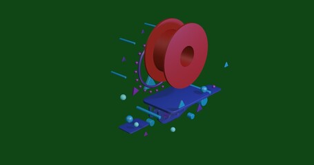 Poster - Red 3D printing filament symbol on a pedestal of abstract geometric shapes floating in the air. Abstract concept art with flying shapes in the center. 3d illustration on green background