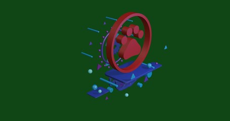 Poster - Red furry gender symbol on a pedestal of abstract geometric shapes floating in the air. Abstract concept art with flying shapes in the center. 3d illustration on green background