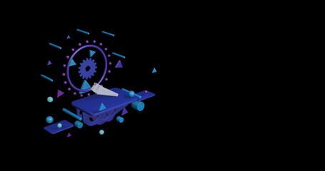 Poster - White hand saw symbol on a pedestal of abstract geometric shapes floating in the air. Abstract concept art with flying shapes on the left. 3d illustration on black background
