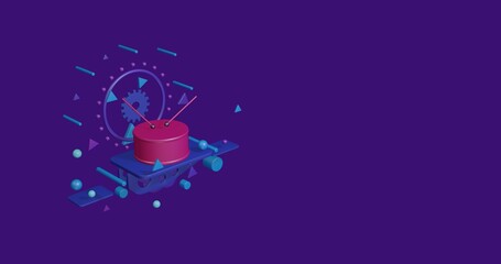Poster - Pink drum symbol on a pedestal of abstract geometric shapes floating in the air. Abstract concept art with flying shapes on the left. 3d illustration on deep purple background