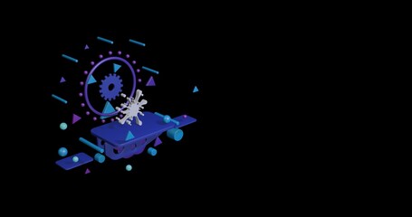 Poster - White blot symbol on a pedestal of abstract geometric shapes floating in the air. Abstract concept art with flying shapes on the left. 3d illustration on black background