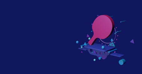 Poster - Pink table tennis symbol on a pedestal of abstract geometric shapes floating in the air. Abstract concept art with flying shapes on the right. 3d illustration on indigo background
