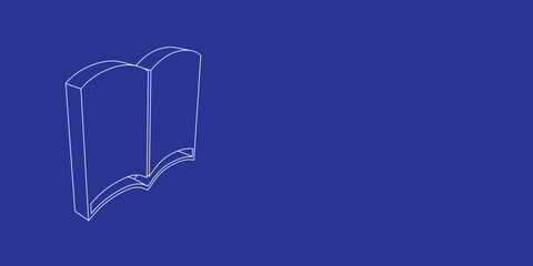 Poster - The outline of a large book symbol made of white lines on the left. 3D view of the object in perspective. Vector illustration on indigo background